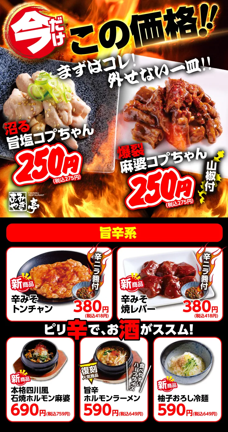 いまだけこの価格！旨塩コプちゃん税込み275円、マーボーコプちゃん税込み275円。新商品、辛味噌トンチャン、辛味噌焼きレバーどちらも税込み418円。他にも、石焼きホルモンマーボー、旨辛ホルモンラーメン、ゆずおろし冷麺など。